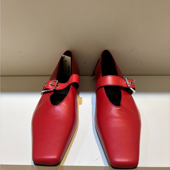 Red Leather Mary Jane Flats - Picture 2 of 6